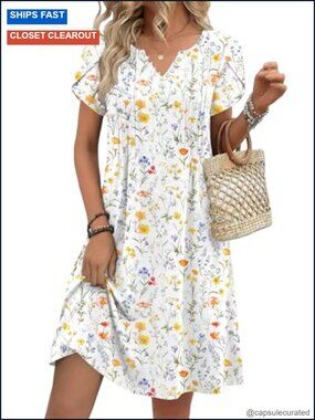 Women's Floral V-Neck A-Line Mini Dress with Pockets Summer Tshirt Dress